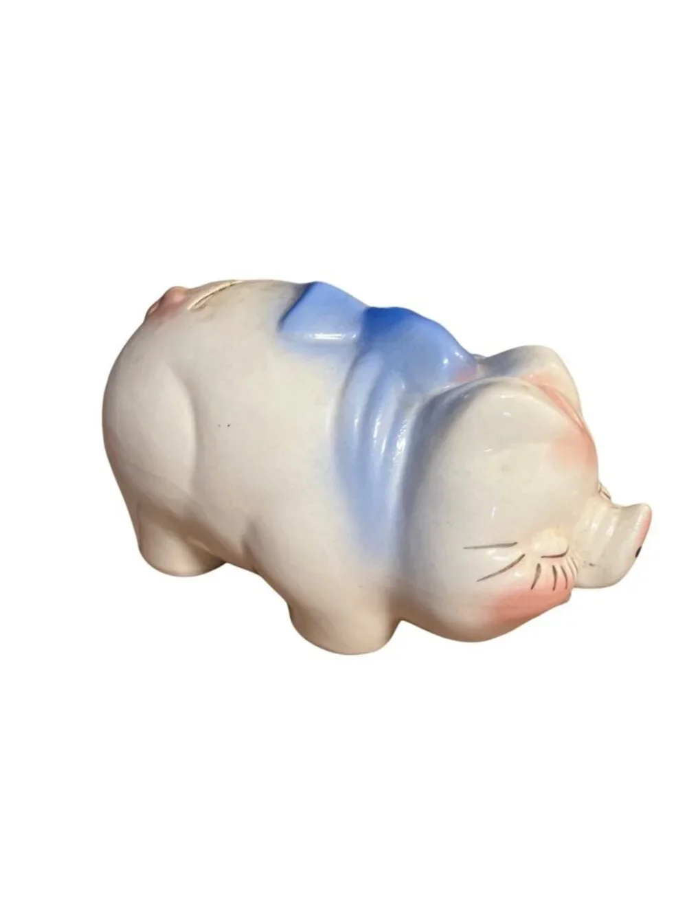 Vintage Ceramic Piggy Bank With Blue Bow and Pink Accents